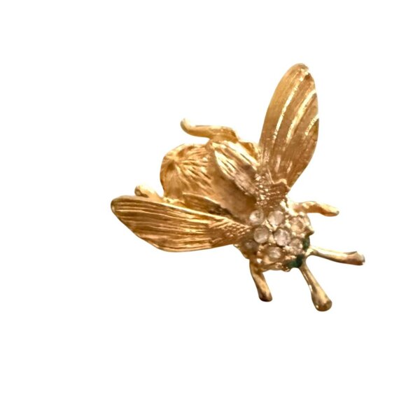 Vintage Gold-Tone Bee Brooch With Rhinestone clear and green Accents - Picture 5 of 6